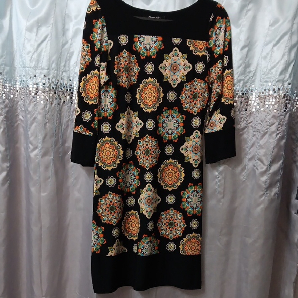 Gold and Orange Sheath Midi Dress with Cuffed 3/4 Sleeves